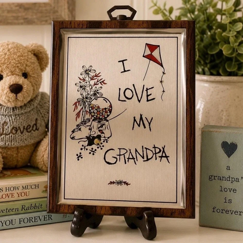 VTG 70s I Love My Grandpa Wall Plaque Wood Framed Aluminum Wall Hanging Nursery